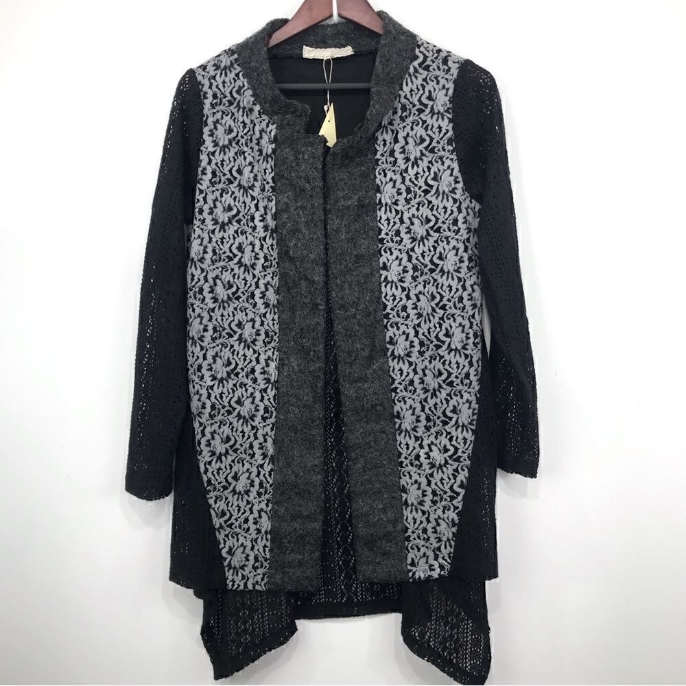 A’reve Gray Black Felted Wool Floral Lace Panel Long Sleeve Tunic Cardigan